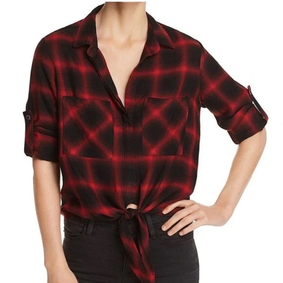 Cloth & Stone Red Plaid Tie Front Flannel Top - Picture 1 of 5